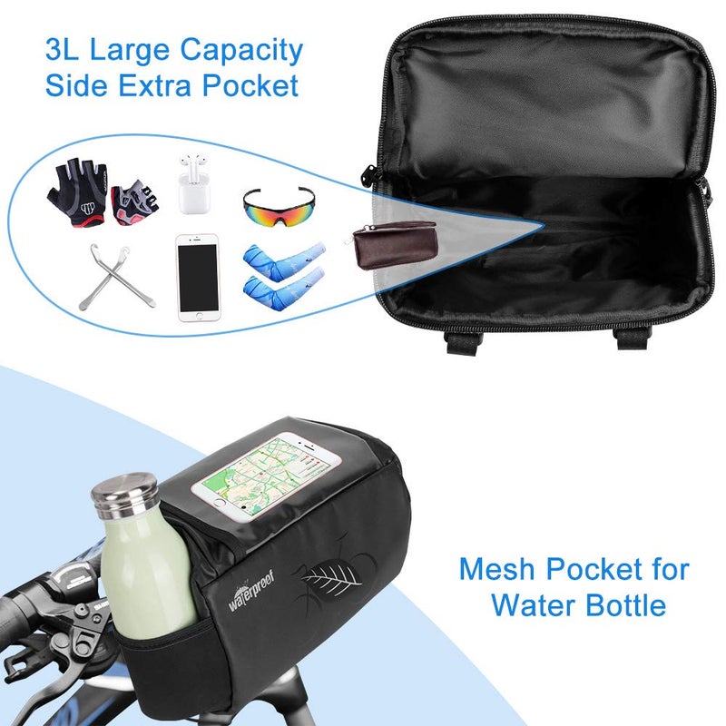 WOTOW Bike Waterproof Handlebar Bag, Bicycle Front Basket Pack with Touch Screen Phone Holder, Reflective Storage Pouch 3L for Men Women Kids Outdoor Road MTB Cycling - Image 4